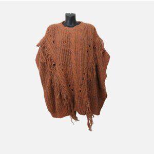 Anthropologie Poncho Kimono Women One Size Brown Fringe Cable Knitted Pullover